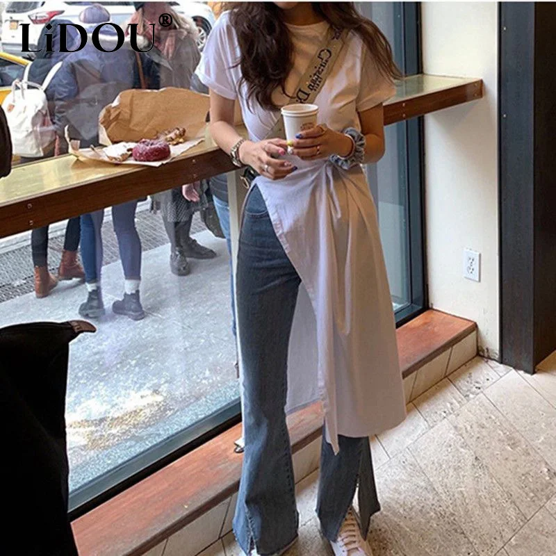 

Summer Round Neck Tshirt Dress Women Oversize Button Pleated Asymmetrical Dresses Solid Color Waist Retraction Personality Robe