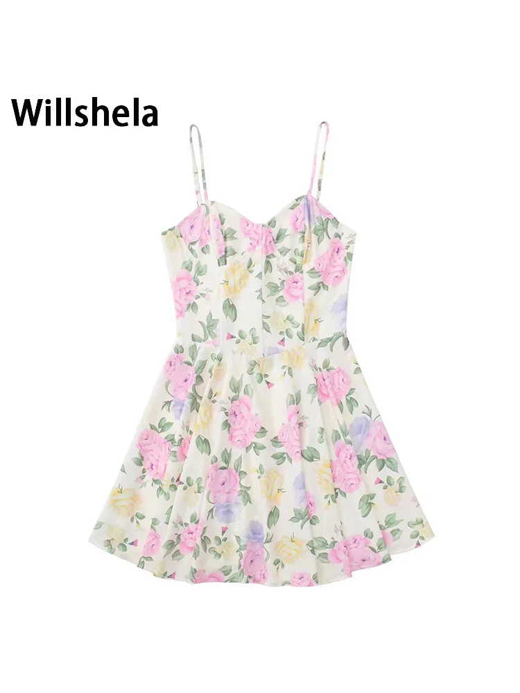 

Женское винтажное мини-платье Willshela, с цветочным принтом, на молнии сзади, на тонких бретельках, с лямкой на шее, шикарные женские платья