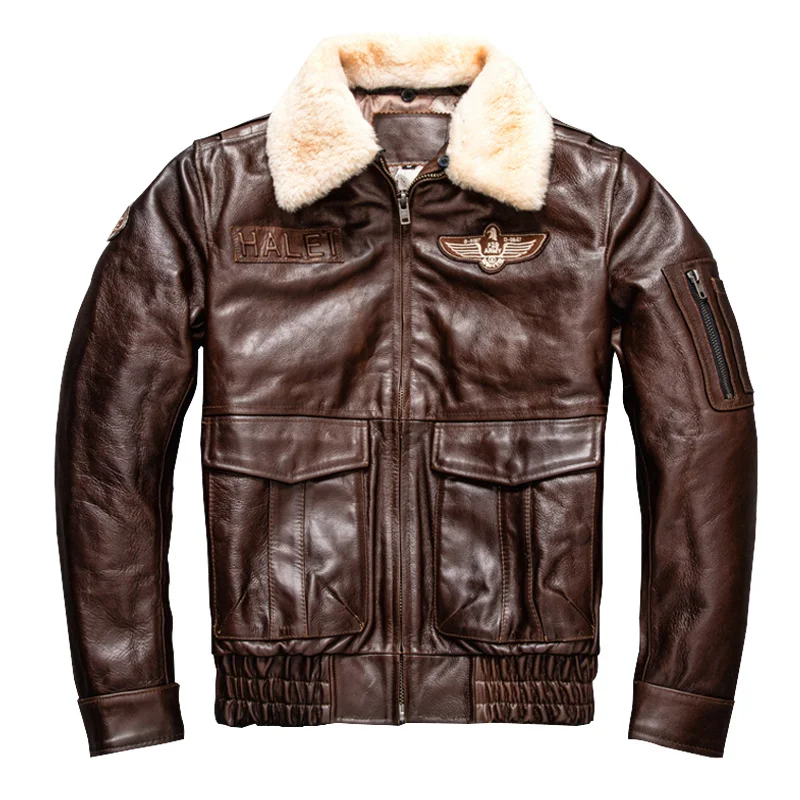 

Мужская кожаная куртка в стиле милитари, темно-коричневая авиационная куртка-пилот из натуральной воловьей кожи, модель 5XL на осень, 2023