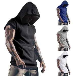 Summer Men Hooded Tank Top Solid Color Short Sleeve Vest Tops with Pocket O-neck Slim Fit Male Fitne in USA (United States)