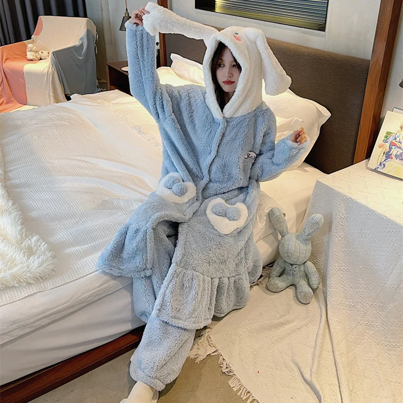 Women Girls Pijama Sets Coral Fleece Nightgown Winter Suits Robe Set Thicken Warm Bathrobe Hooded Home Clothes Kawaii Pajama Set