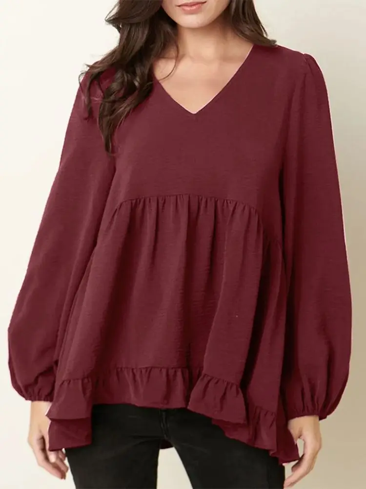 

Spring Autumn Women's V Neck Tops 2022 Fashion Solid Ruffle Blouse ZANZEA Elegant Long Sleeve Camisas Casual OL Oversized Shirts