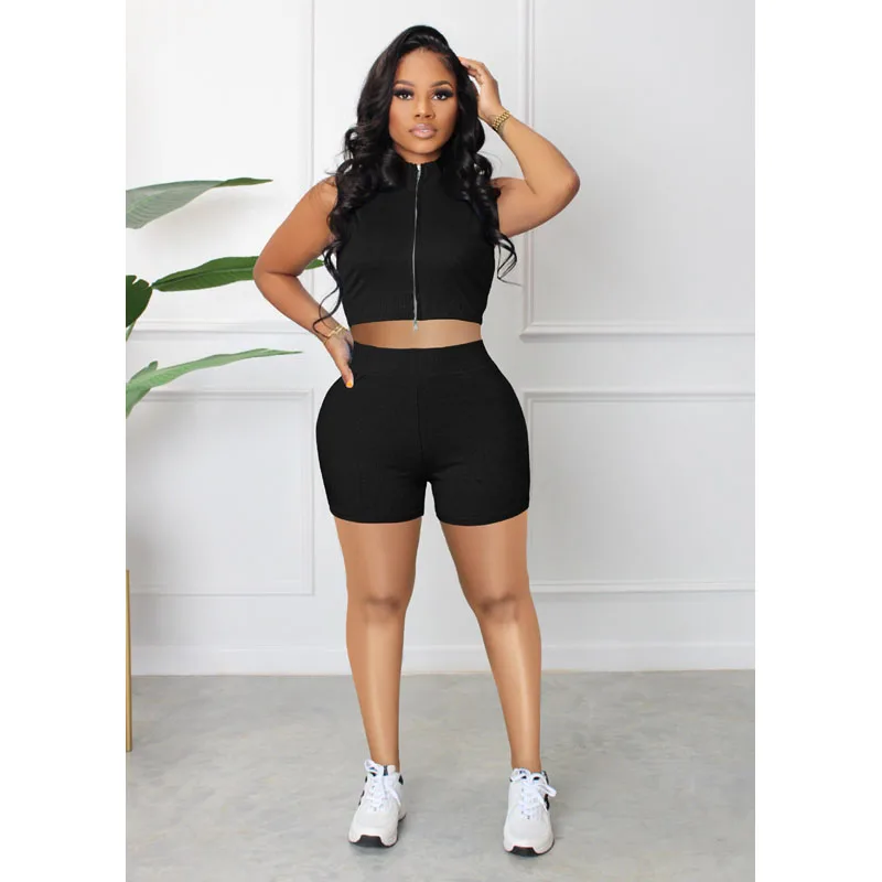 

Two Piece Set Women Summer Solid Fashion Zip Crop Top Shorts Sets Y2k Clothes Club Outfit Leisure Sports Streetwear Wholesale