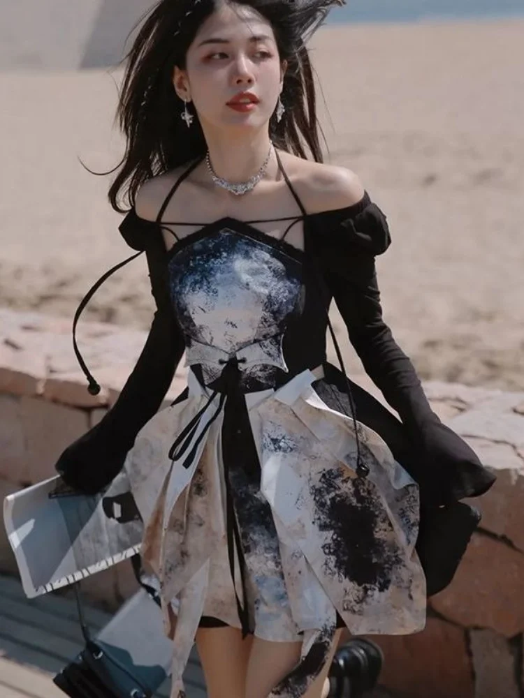 

Женское Бандажное платье с длинным рукавом Y2k, осеннее платье с открытыми плечами в японском стиле Харадзюку, женская одежда, халат, 2022