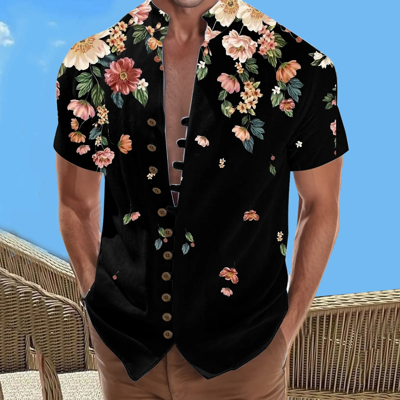 

Retro Style Summer Men'S Casual Cotton Linen Shirt Mock Neck Solid V-Neck Short Sleeve Loose Top Handsome Hawaii Shirt Chemise