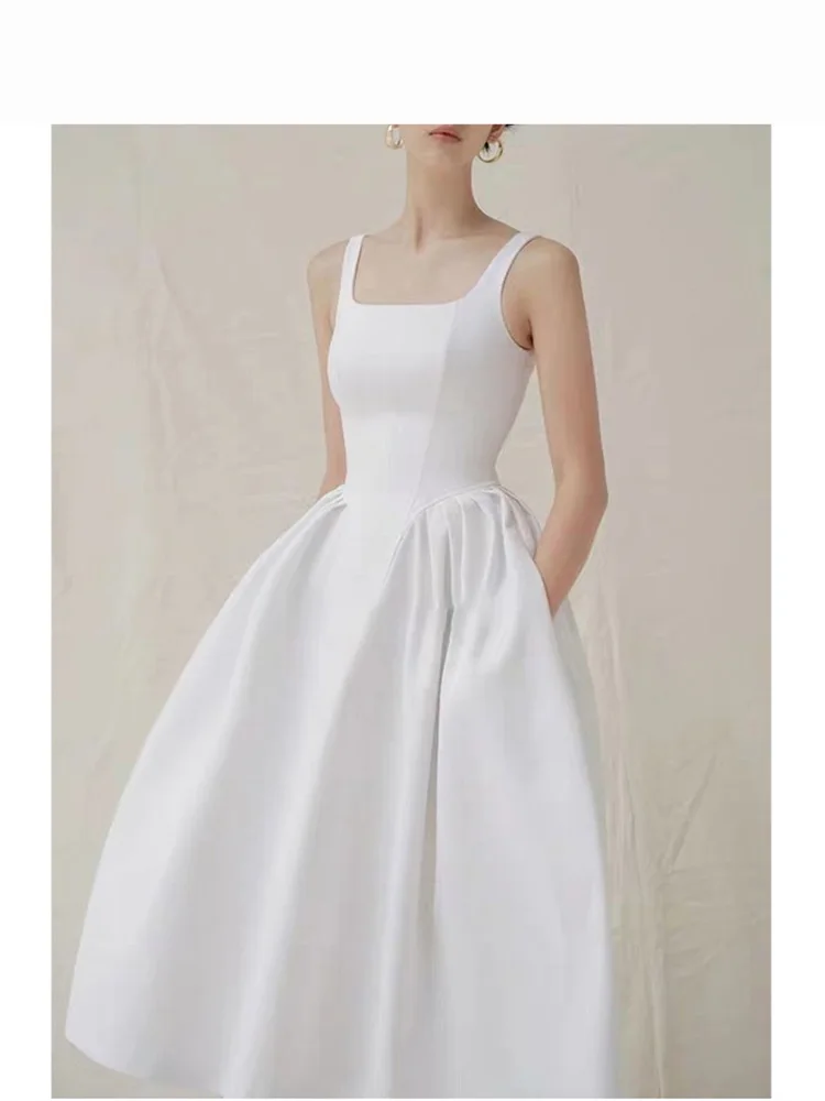 French sle Hepburn Sle White Square Collar Dress Sleeveless Vest Temperament Design Vietnam Skirt Summer