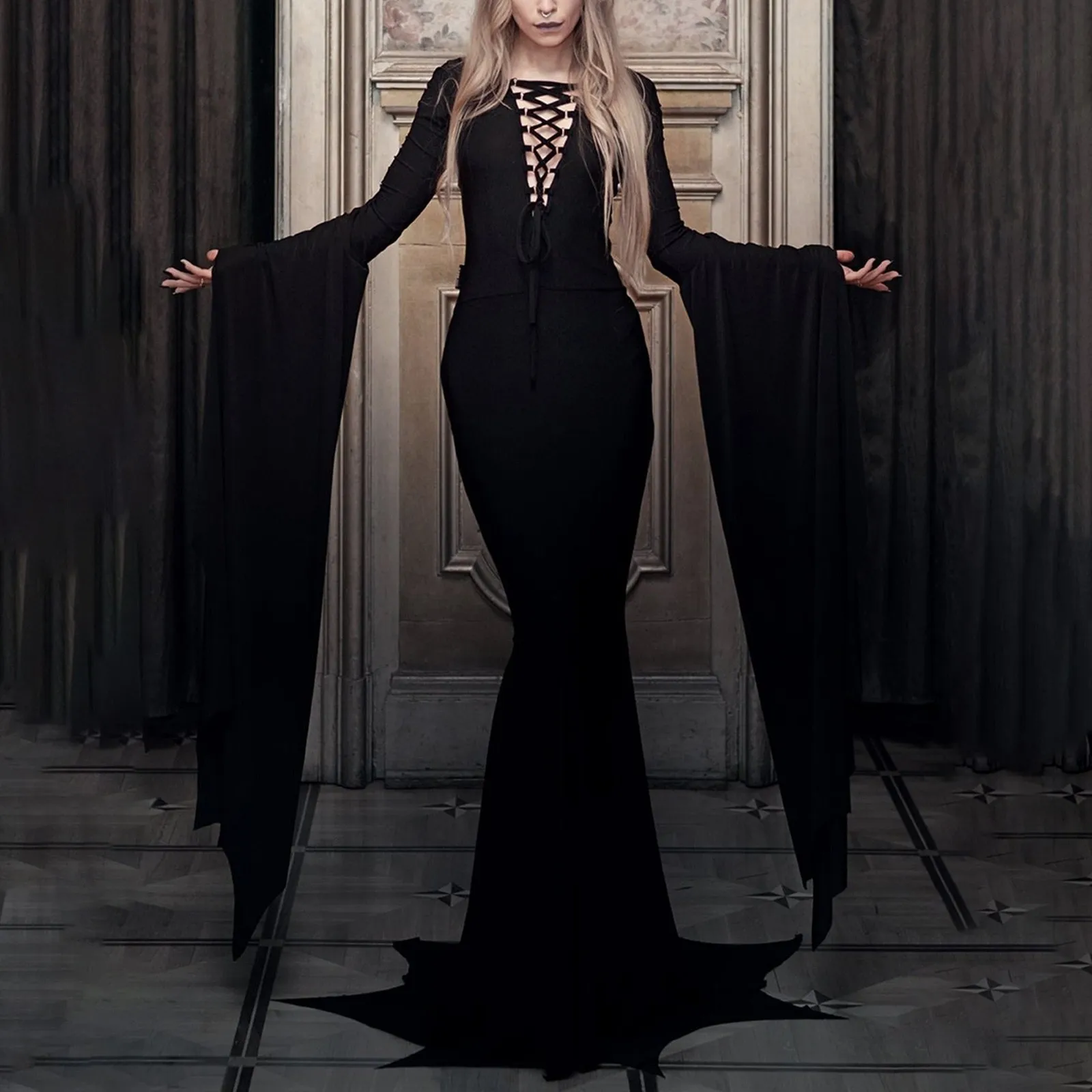 

Sexy Gothic Vintage Dress For Women Halloween Carnival Party Dress Women's Floor Length Dress Witch Cosplay Costume vestido