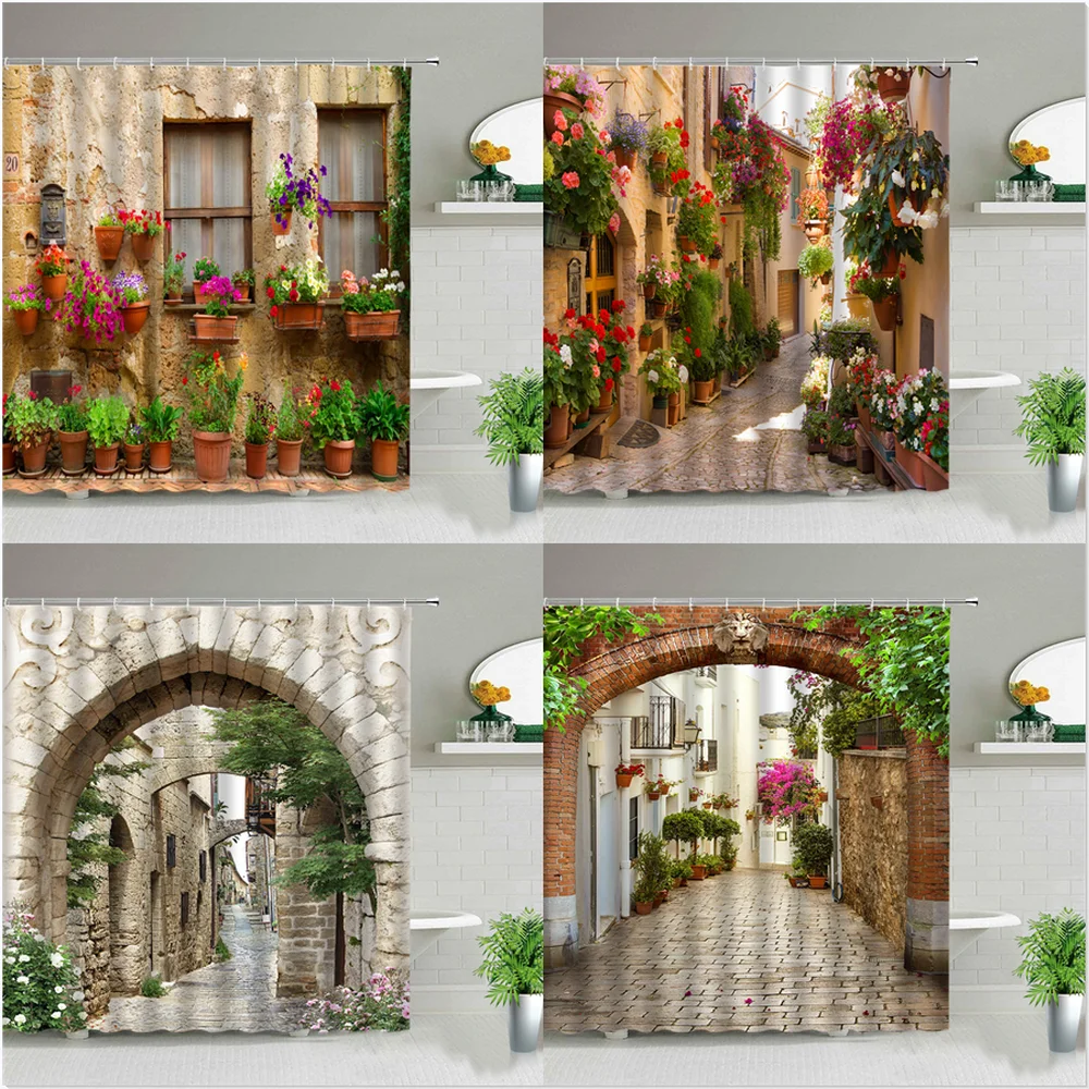 

European Rural Town Street Landscape 3D Printing Shower Curtain For Bathroom Curtains Waterproof Polyester Home Decor With Hooks