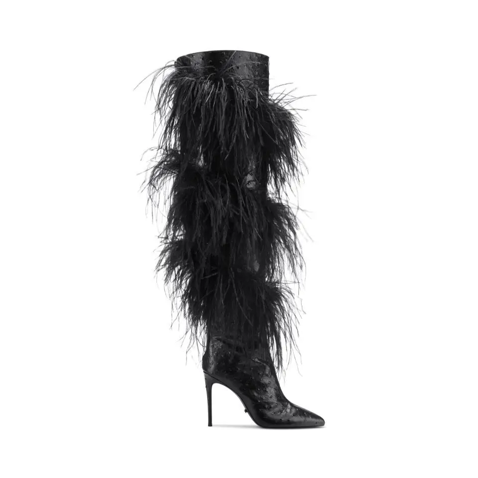 

Sexy Black Feathers Decorated Runway Boots Women Pointed Toe Stiletto High Heels Over-the-knee Boots Ladies Back Zipper Shoes