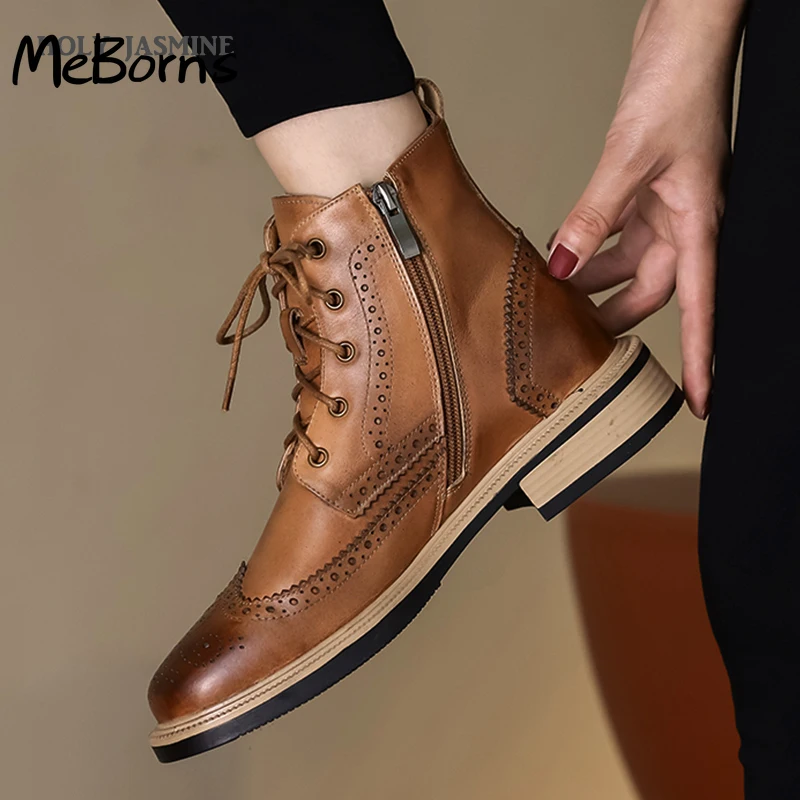 

New Genuine Leather Boots Spring/Autumn Cutout Lace Up Zip Women Boots Round Toe Flat with Shoes Med(3cm-5cm) Microfiber