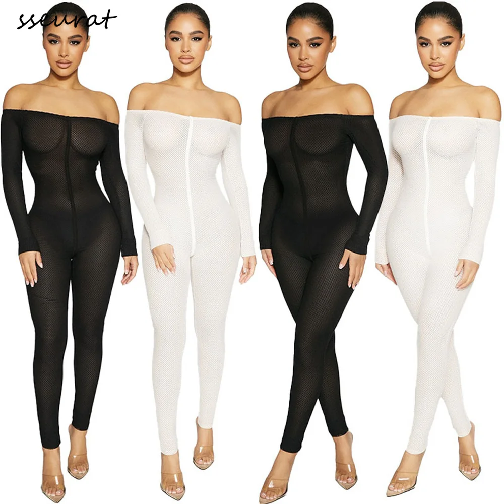 

SSEURAT Women Off Shoulder Bodycon Jumpsuit Sexy Long Sleeve Clubwear Mesh See Through Skinny Playsuit Rompers