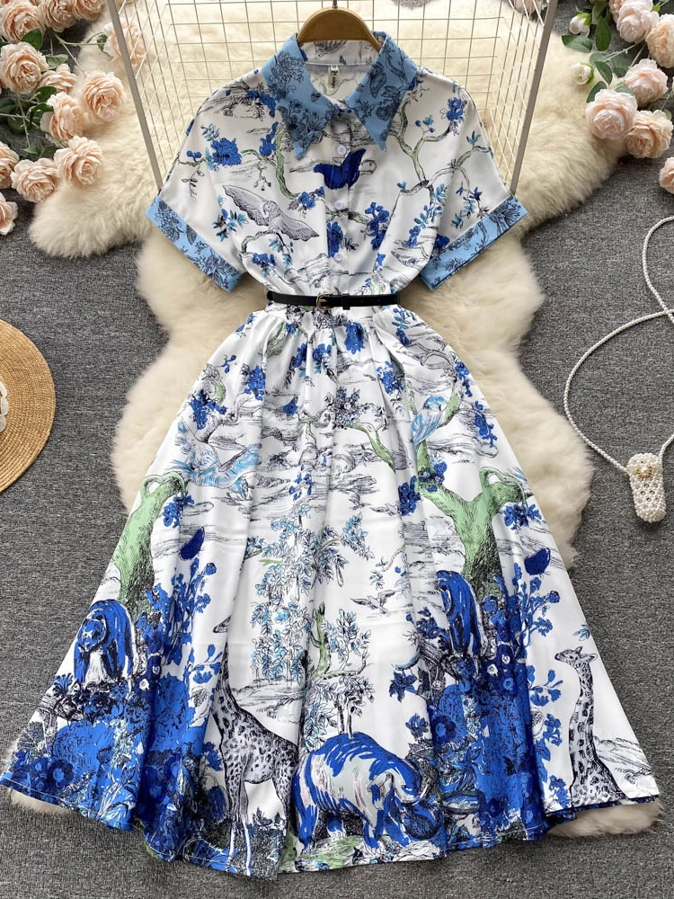 

Платье женское ТРАПЕЦИЕВИДНОЕ с цветочным принтом, модное вечернее платье-рубашка с отложным воротником и коротким рукавом, в стиле ретро, ...