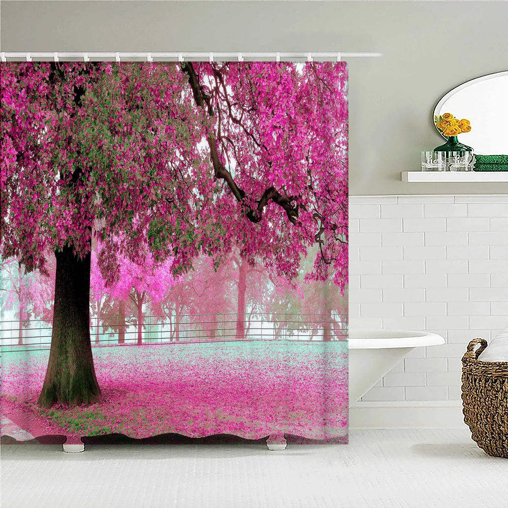 

Home Decoration Home Bathroom Curtain Pink Big Tree Natural Forest Landscape Print Waterproof Shower Curtain