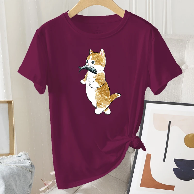 

Summer Casual 100% Cotton T-shirt Women Graphic Regular Short Sleeve Cat and Fish Print Ladies Fashion T Shirts O-Neck Tees Tops