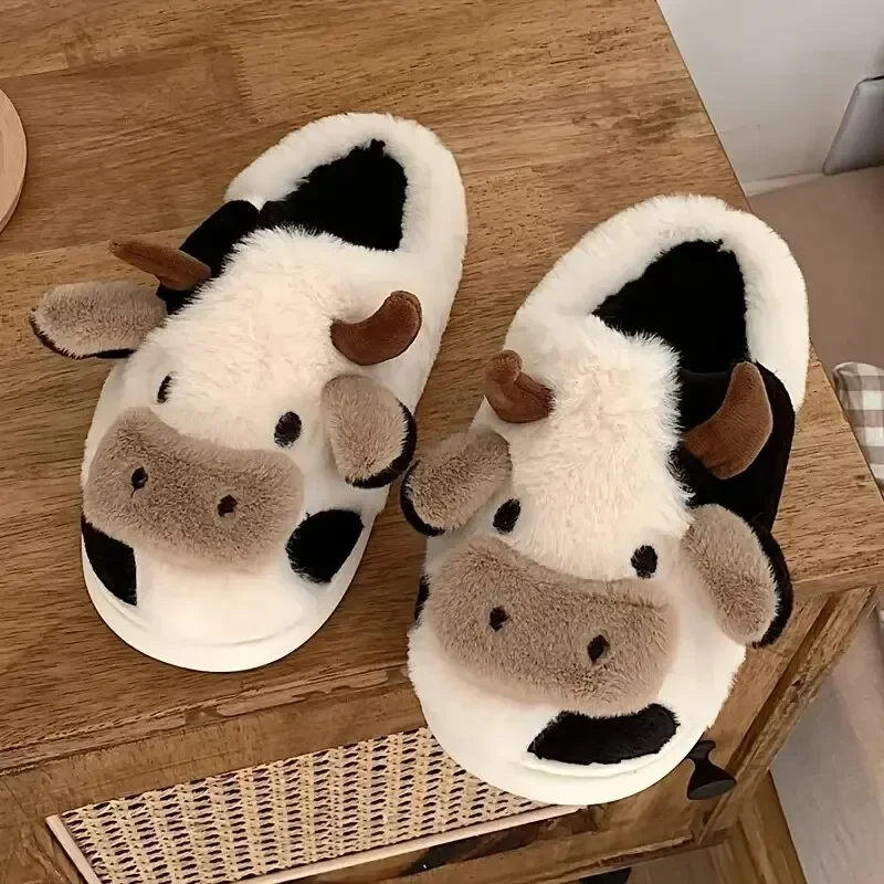 

Women's Cartoon Cute Cow House Slippers Warm Plus Lined Closed Toe Fuzzy Home Slides Women's Fluffy Comfy Shoes Winter Autumn