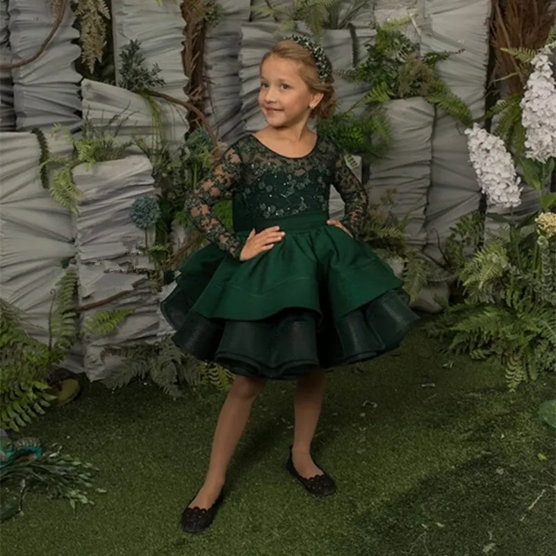 

Темно-зеленое короткое официальное платье с цветочным рисунком для девочек на свадьбу, день рождения, Первое причастие, конкурс, искусственное