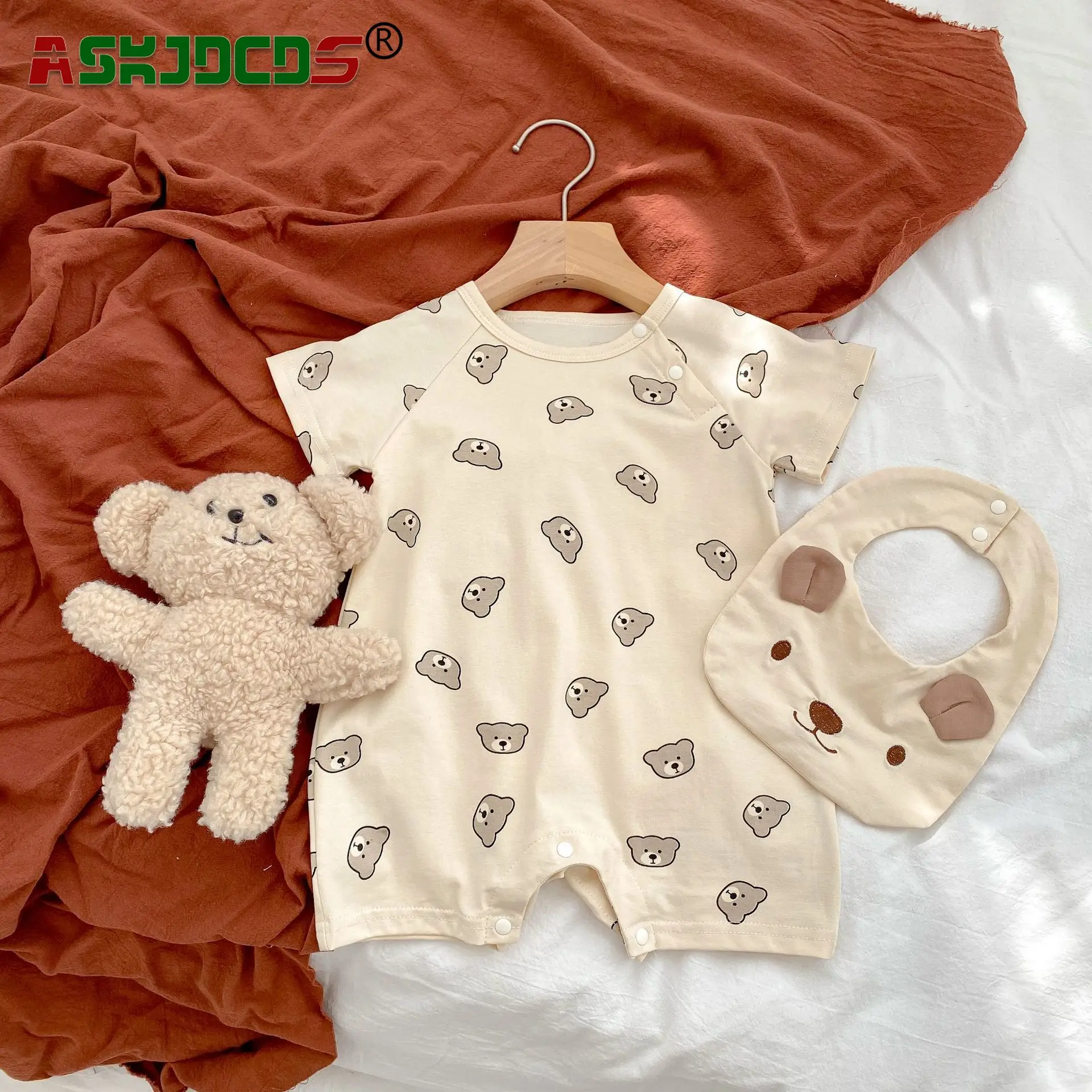 

Beige Infant Newborn Girls Boys Bear Print Outfits Cotton 100% Short Sleeve Jumpsuits Kids Baby Clothing Romper + Bibs