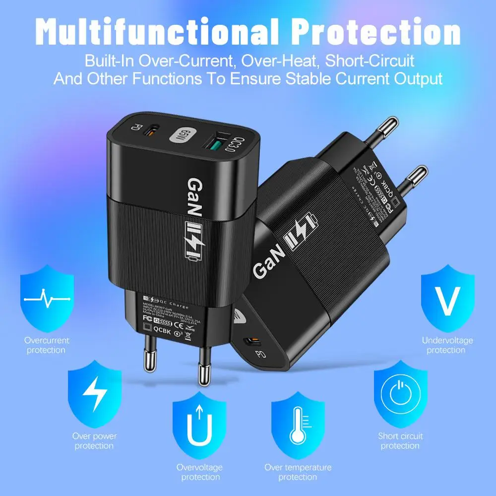 

GaN Charger 65W Gallium Nitride PD Fast Charging Mobile Phone Charging Head Adapter Dual PD USB Fast Charge 50-60Hz 0.5A