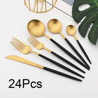 24pcs black gold dinnerware stainless steel cutlery set western dinner knife fork spoon teaspoon kitchen flatware round grip