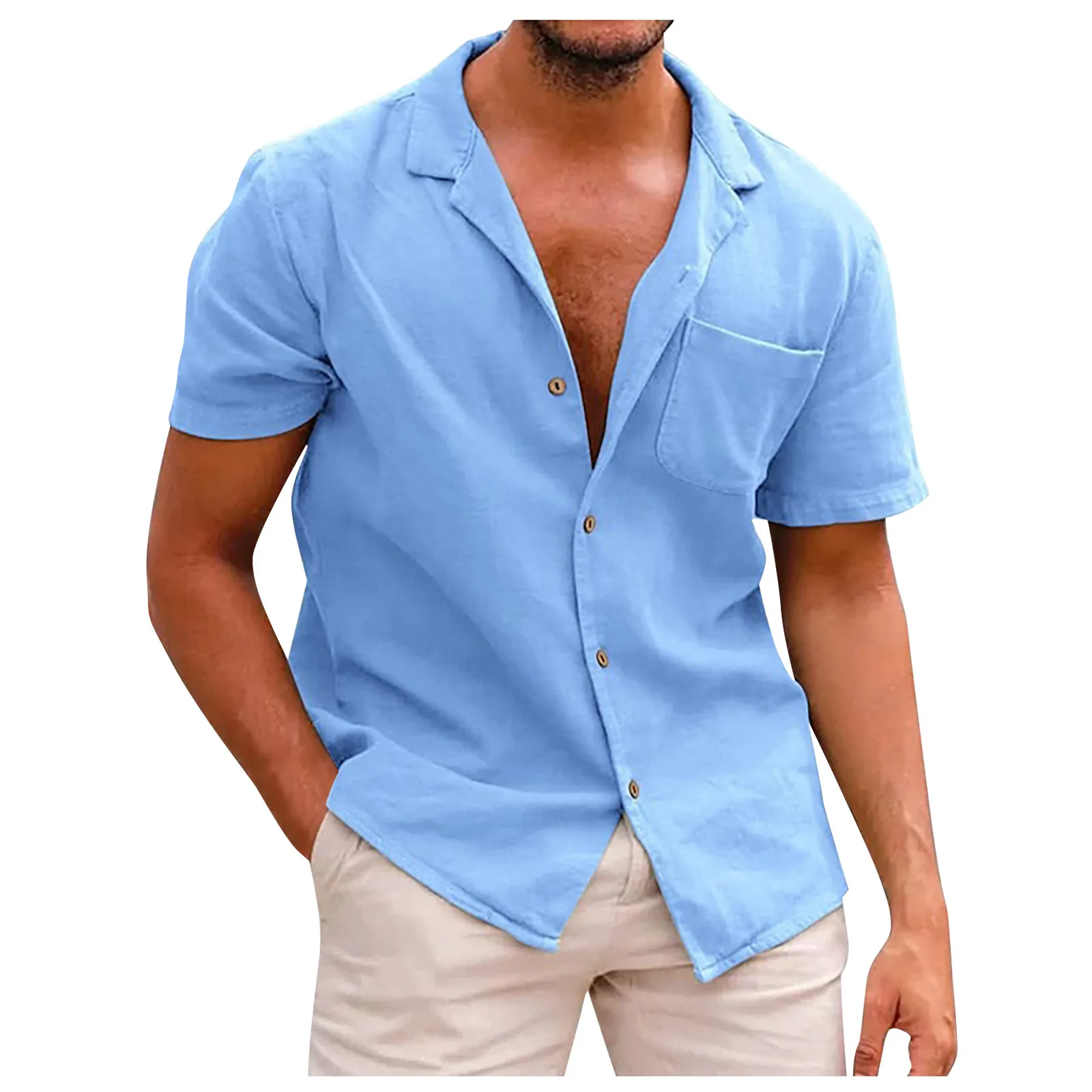 

Рубашка мужская с V-образным вырезом, однобортная Базовая Блузка из хлопка и льна, сорочка с коротким рукавом, повседневная одежда