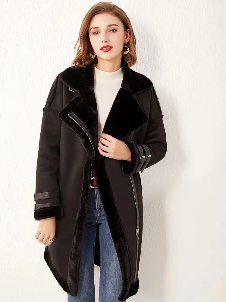 2022  Autumn Winter Women Faux Suede Leather Fur Long Jacket Streetwear Female Moto Biker Brown Coat Lady Thick Warm Outwear New