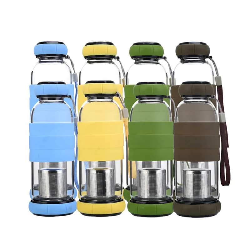 

550ML Glass Water Bottle Portable Rope Sports&Outdoor Bottles Fruit Juice Kettle Drink Cup with Stainless Steel Tea Strainer