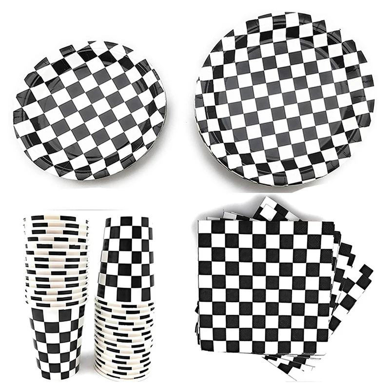 

10/20pcs Black And White Grid Paper Cup Paper Plate Birthday Party Napkin Necklace Ring Storage Tray Supplies Tableware Plate