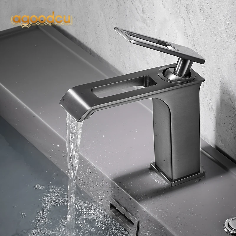

Modern Basin Faucet Bathroom Waterfall Hot and Cold Water Sink Vessel Mixer Tap Deck Mounted Vanity Brass Crane Wash Faucets