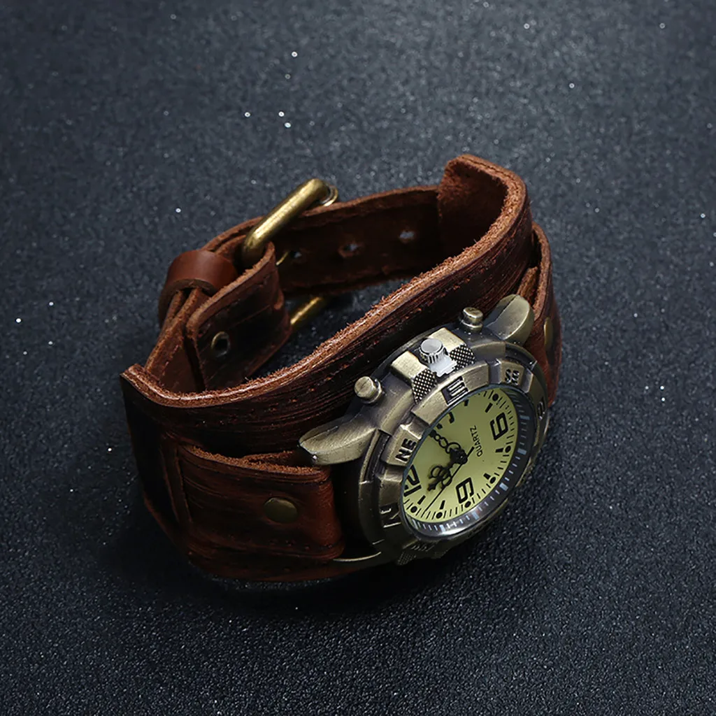 Часы наручные мужские в стиле ретро простые коричневые Большие широкие с кожаным