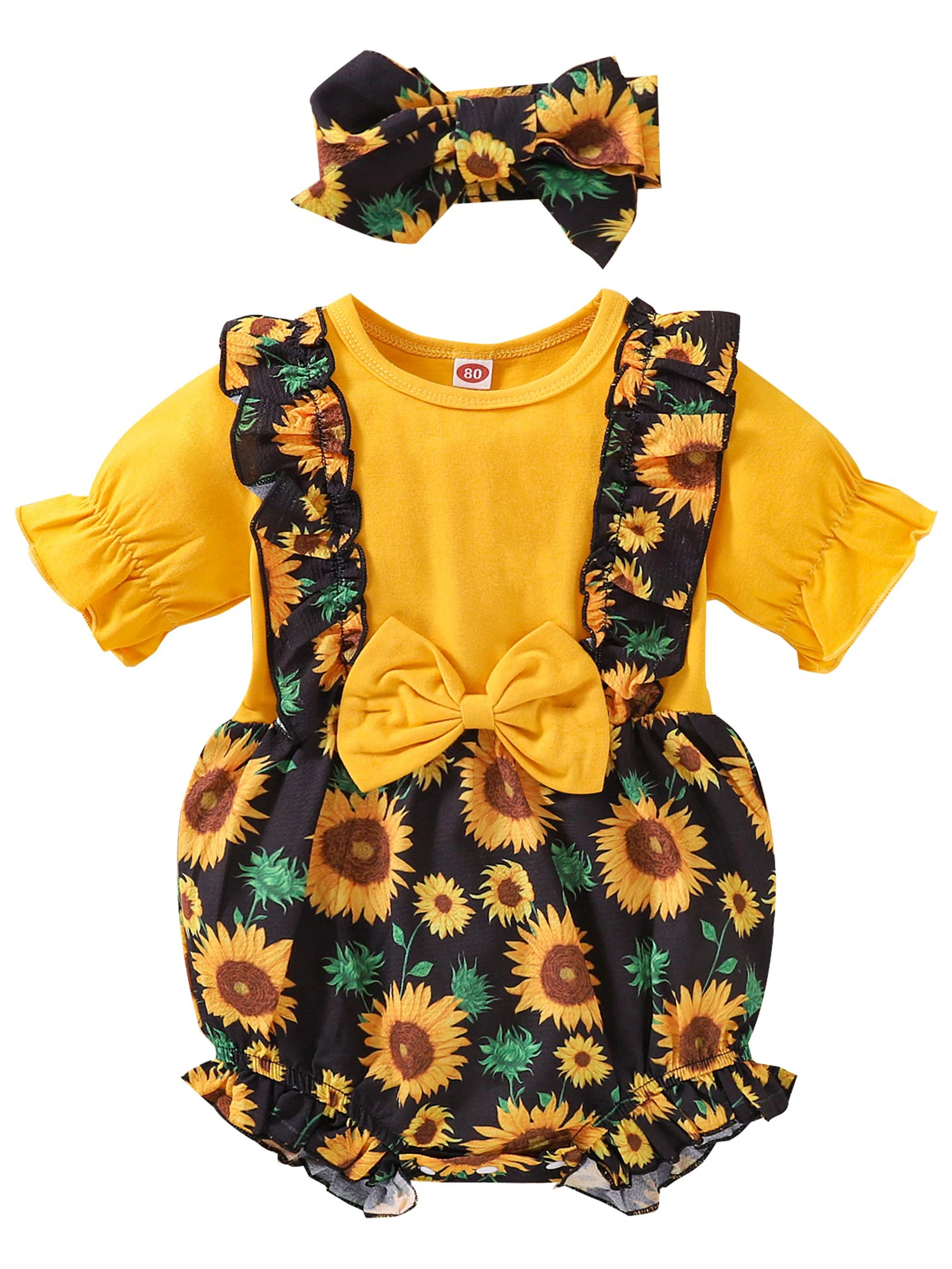 

Newborn Baby Girls Flower Round Neck Summer Ruffle Girls Pullover Fashion Bow Floral Short Sleeve O-Neck Clothing 2 Piece Set