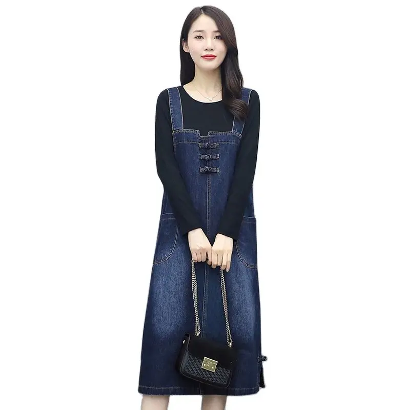 

Denim Dress Female 2023 NEW Retro Fashion Spring Autumn Clothing Korean Over The knee Strap Dresses Women's Dress Vestidos