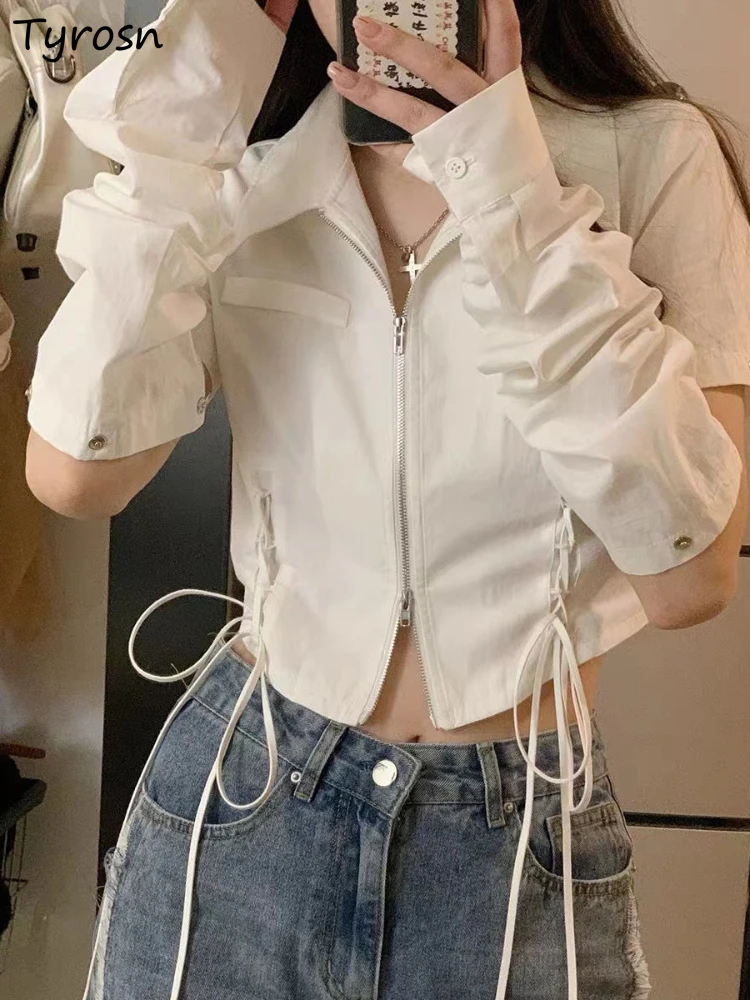 

T-shirts Women Bandage Slim Sexy Minimalist All-match Pure Streetwear Ulzzang Turn-down Collar Creativity Hot Girls Summer Chic