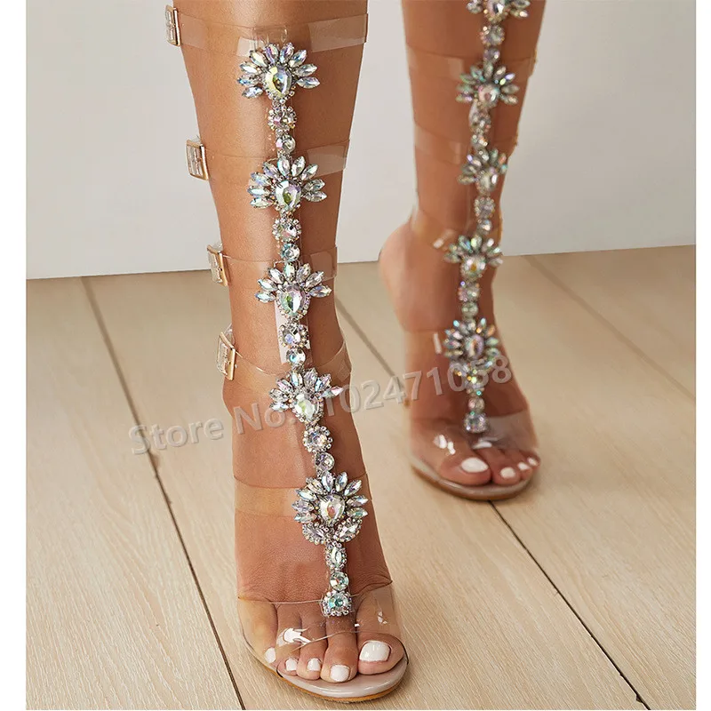 

Bling Rhinestone Buckle Strap Hight Heels Women Sandals Fashion Hollow Out Summer Cool Long Boots Peep Toe Thin Heel Lady Shoes