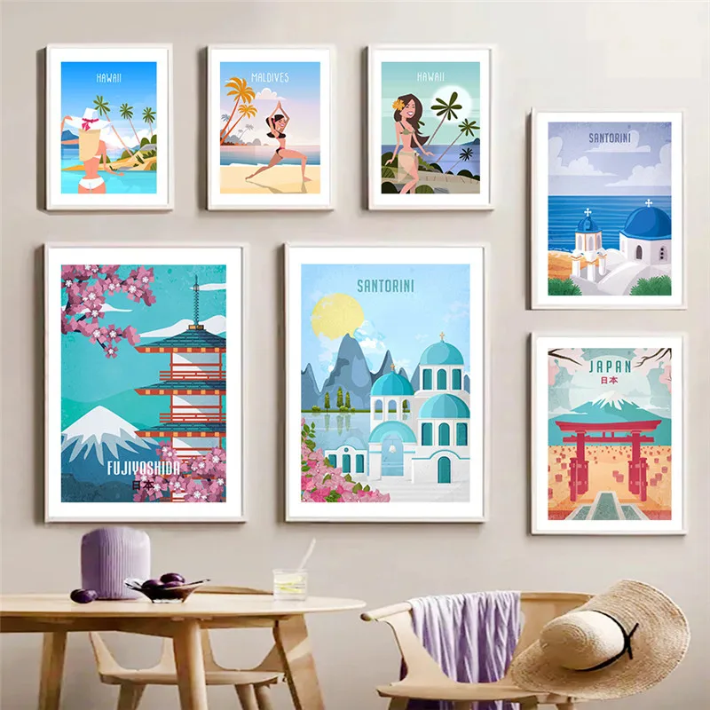 

Maldives Hawaii Netherlands Santorini Japan Amalfi Coast Travel Canvas Painting California Surfing Poster Wall Art Home Decor