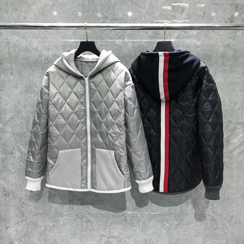 TB THOM Men's Jackets Korean Fashion Brand Down Jackets Diamond Design Back Stripe Patchwork Hoodies Casual Thick Harajuku Coats