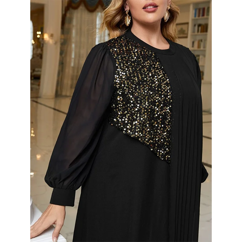 Plus Size Chiffon Long Sleeve 5XL6XL Loose Dress Spring Summer Plus Size Folds Shiny Loose Elegant Dress Woman