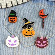 Halloween Pumpkins Skeleton Enamel Pins Cute Cat Witch Elf Pumpkin Lollipop Magic Stick Brooch Funny Ghosts Party Badges Jewelry
