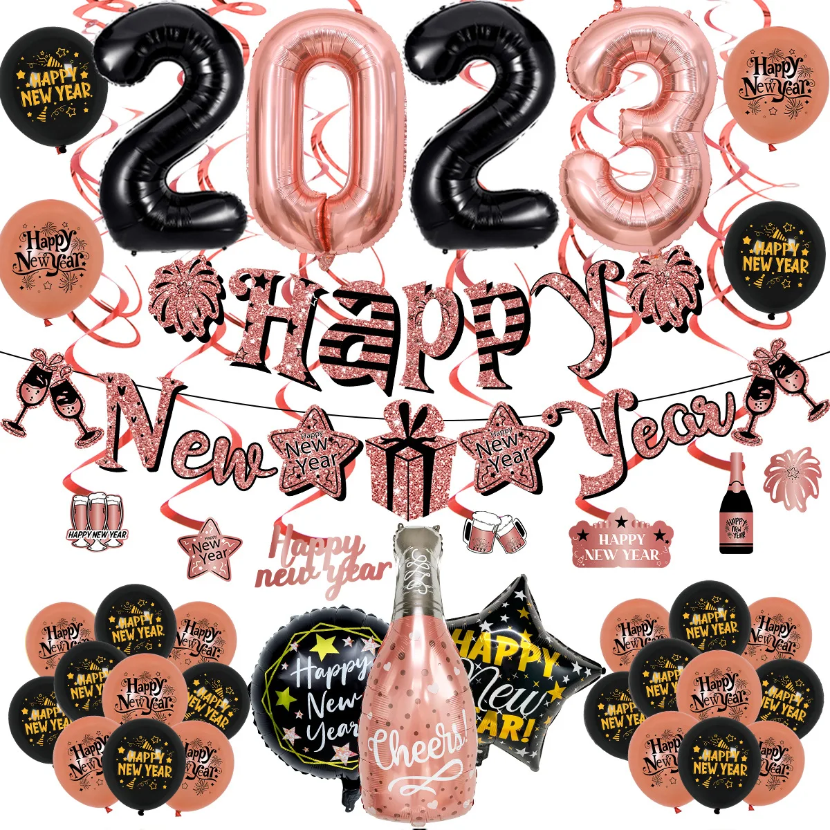

2023 Number Happy New Year Foil Balloons Photo Booth Frame Props Balloons Gold Black Banner Garland Eve Party Home Supplies