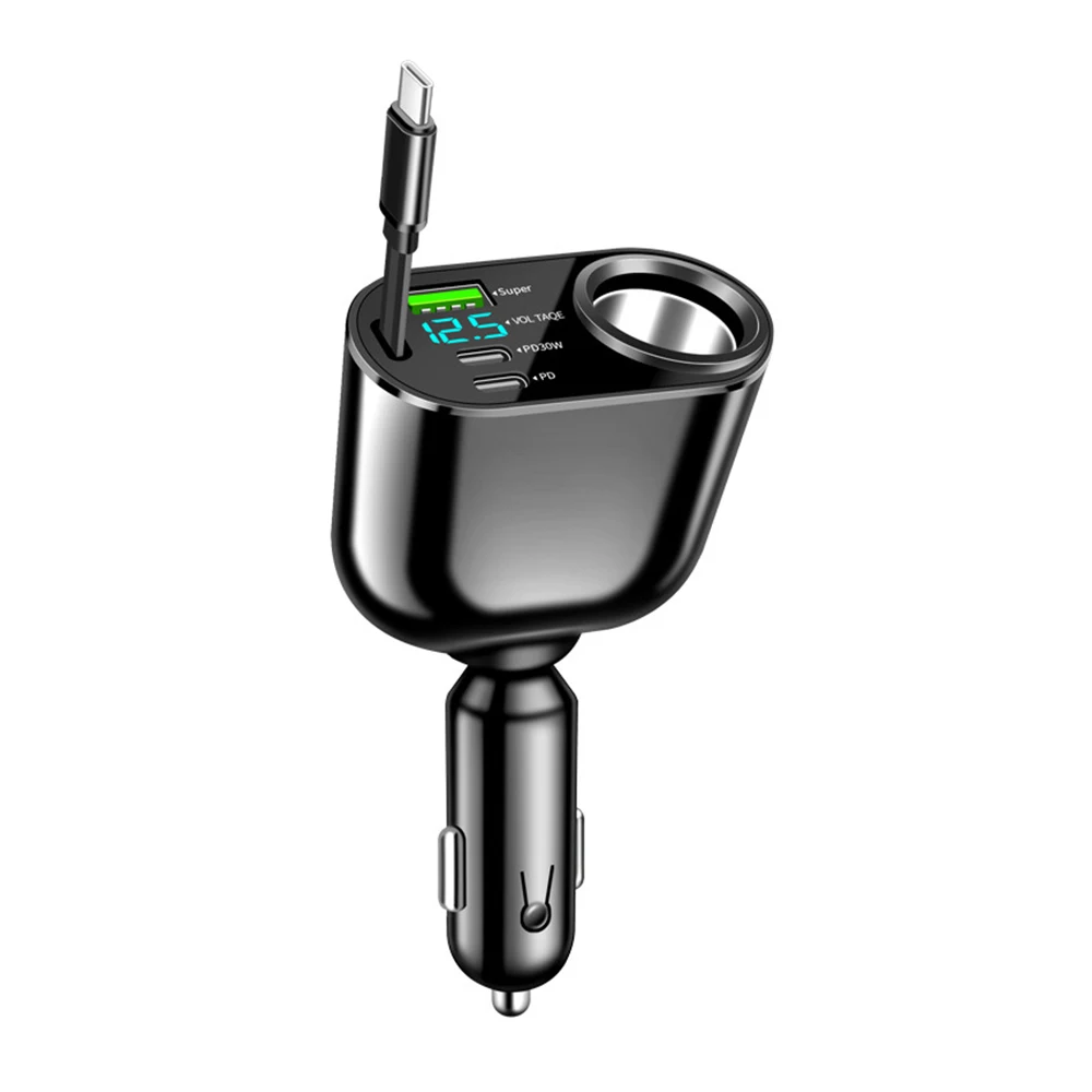 

Автомобильное зарядное устройство USB PD QC3.0 66 Вт, быстрая зарядка, телескопический кабель 5 в 1, разветвитель прикуривателя со стандартным дисплеем, автомобильная зарядка
