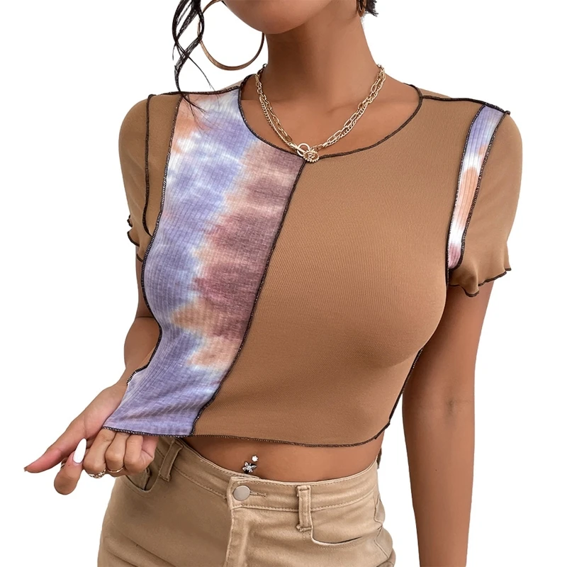 

Women Summer Short Sleeve O-Neck Ruffle Frill Crop Top Harajuku Punk Irregular Gradient Contrast Colored Patchwork Ribbed T8NB