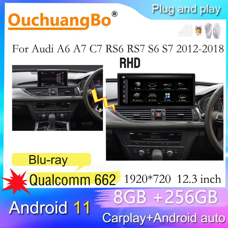 

Ouchuangbo Car Radio Multimedia For 12.3 inch RHD Audi A6 C7 S7 S6 A7 RS6 RS7 Android 11 Stereo Qualcomm 662 Blu-ray GPS Navig