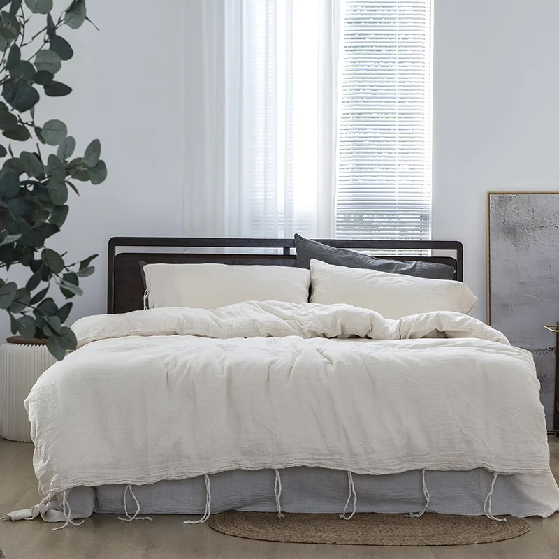 

Natural 100% Cotton Solid Color Bedding Set Plain Dyed Nordic Double Gauze Cozy Quilt Mattress Cover Bed Linen Pillowcase