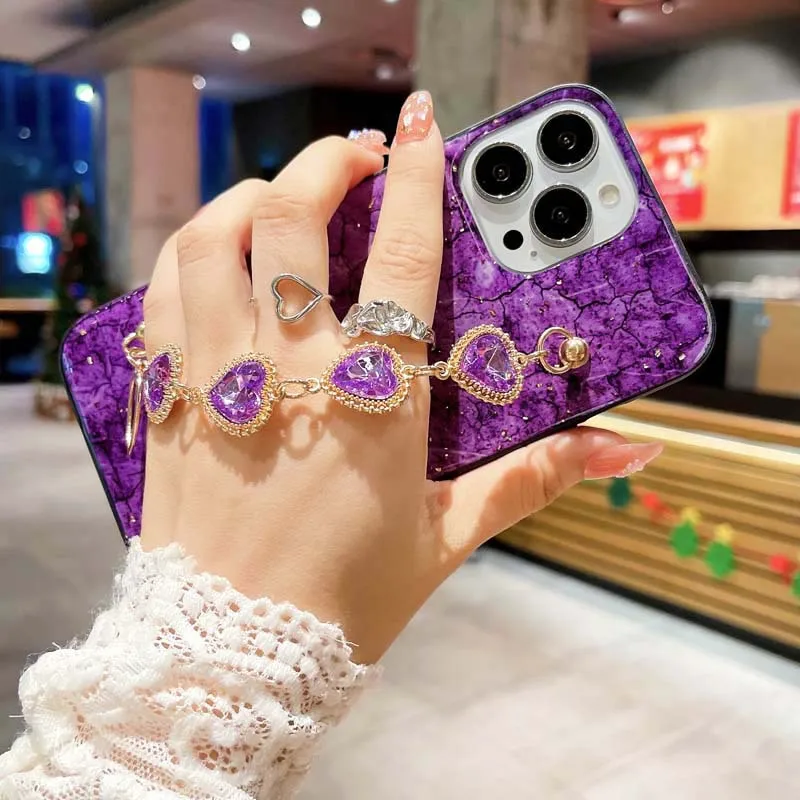 

Чехол для телефона с гальваническим покрытием и сердечками для iPhone 14 11 12 13 Pro Max XS X XR SE 8 7 Plus, противоударный чехол-накладка с ремешком на запястье и цепочкой