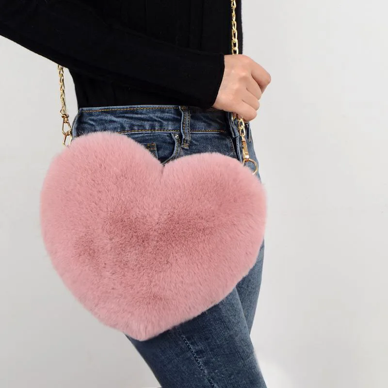 

Fashion Women's Heart Shaped Handbags Cute Kawaii Faux Fur Crossbody Bags Wallet Purse Plush Chain Shoulder Bag Lady Handbag