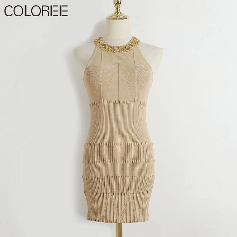 

Luxury Sequined Beading Dresses for Women 2023 Elegant Halter Sleeveless A-line Mink Knitted Dress Korean Fashion Autumn Clothes