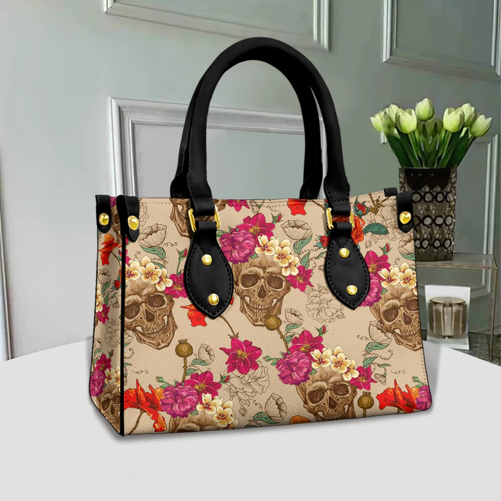 

FORUDESIGNS Hibiscus and Skull Printing for Girls Gift Fashion Tote Handbag Soft Pu Leather Ladies Tablet Bag Bolsa Feminina