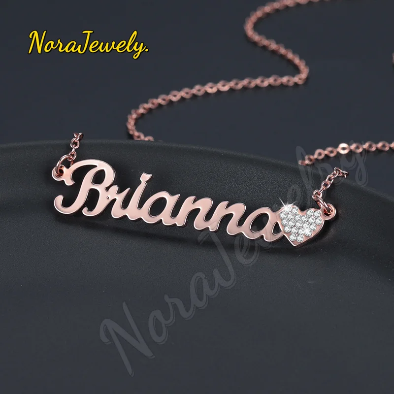 NORAJewelry Customized Iced Out Heart Name Necklace Pendant Heart Stainless Steel Charm Nameplate Necklace Jewelry Women Gifts