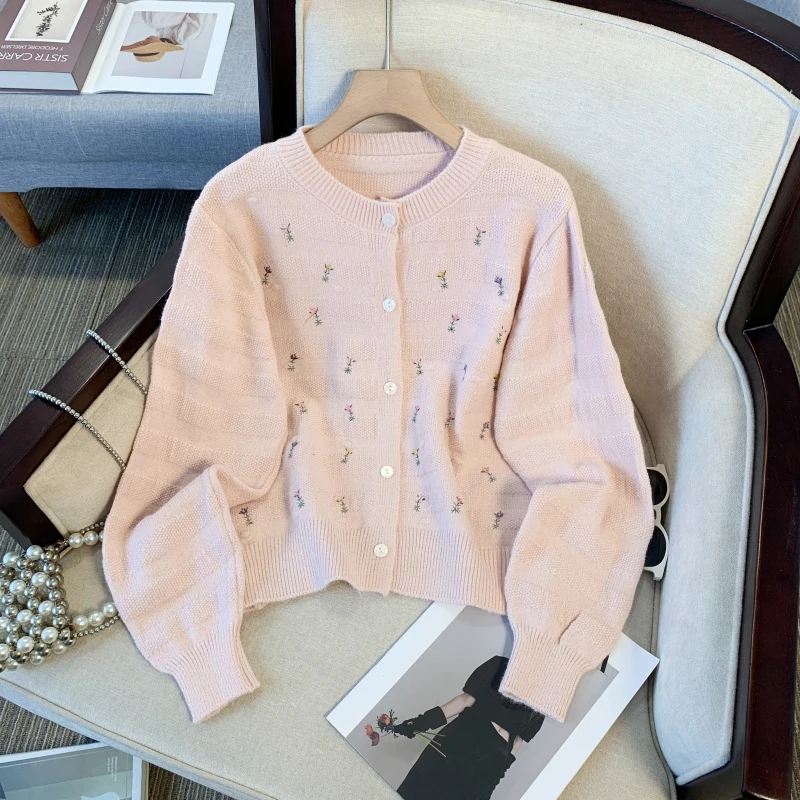 [ZOCI] 2024 милый стиль вязаный кардиган с цветочной вышивкой пальто женский осенний