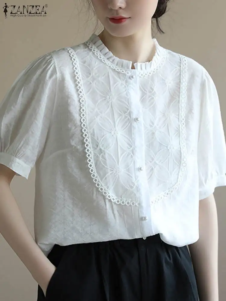 

Женские Элегантные рубашки ZANZEA, летние офисные женские кружевные лоскутные топы, повседневные женские однотонные свободные блузы с коротк...