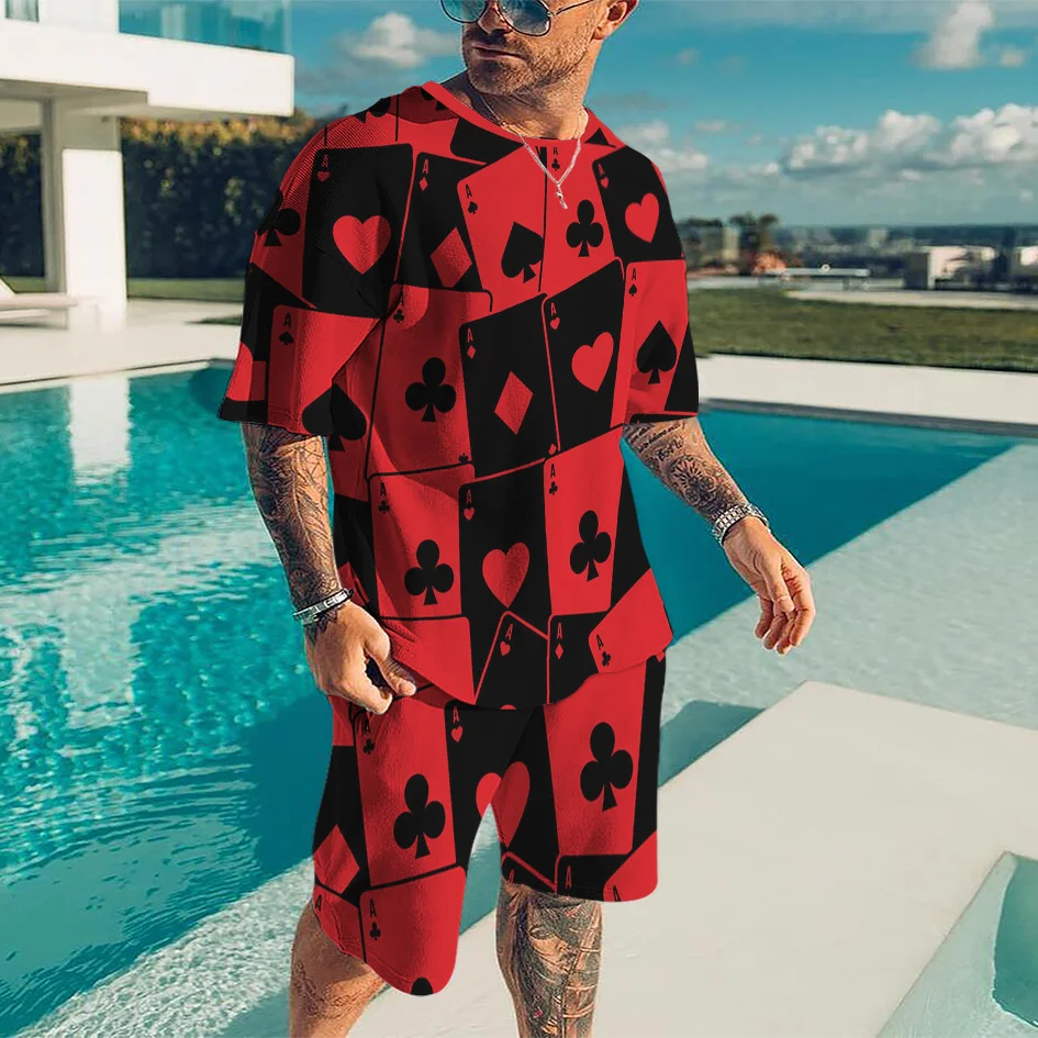 

2022 Summer Men's Casual 3D Printed Sportswear 2-Piece Set of Ace of Spades Short Sleeve T-Shirt + Sports Shorts